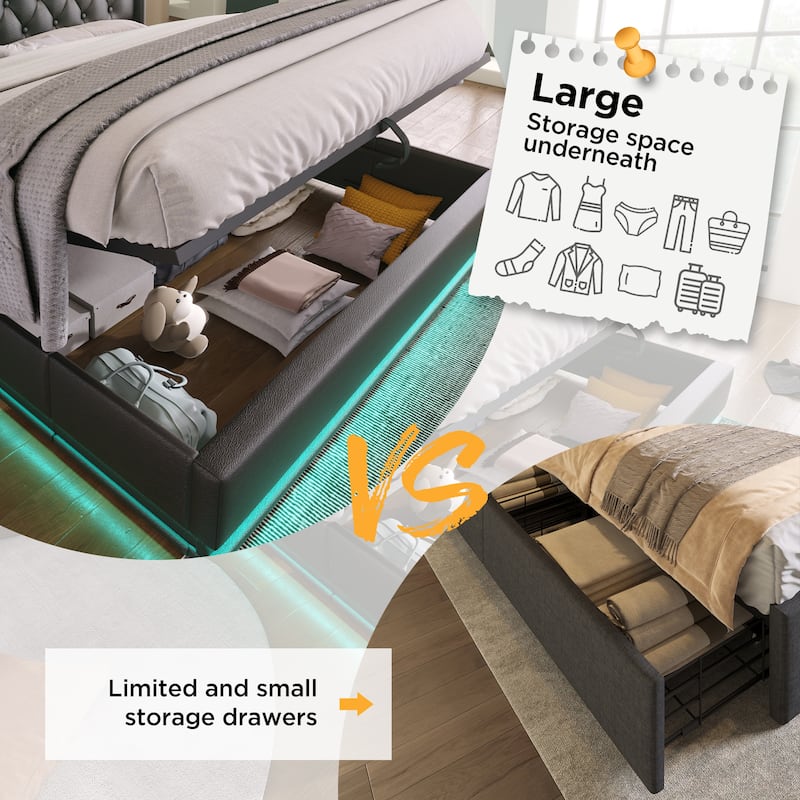360° LED Light Upholstered Full Bed with USB Charging, Hydraulic Storage, Tufted Headboard, Remote Control