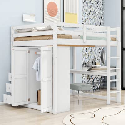 Full Size Loft Bed with Wardrobe, Desk, Storage Shelves, and Drawers, Space-Saving Design