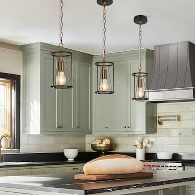 Modern Farmhouse 1-Light Black Gold Cylinder Cage Kitchen Island Pendant Lights for Dining Room