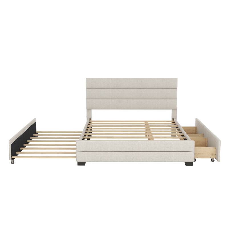 Roomfitters Queen Upholstered Platform Bed with Twin Trundle and Side Compartments for Extra Storage, Beige