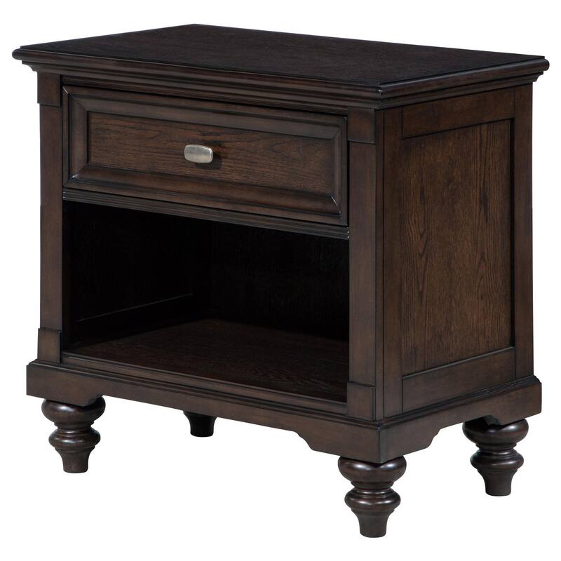 Meon Nightstand w Drawer and Open Cubby Shelf, Dark Oak Brown Wood