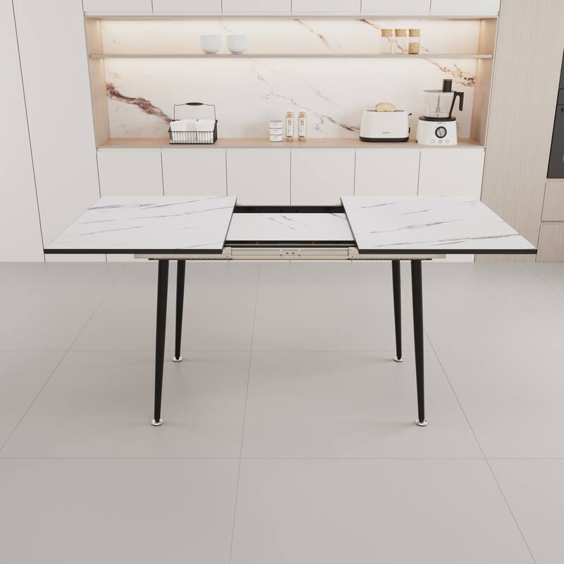 Square marble patterned dining table, modern industrial kitchen and dining table, equipped with tapered black metal legs