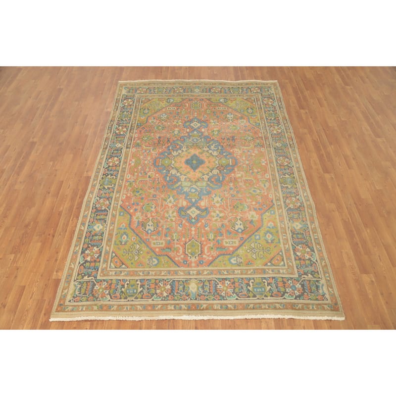 Hand Knotted Oriental 100% Wool Carpet Traditional Floral Coral Tabriz Area Rug - 9' 5'' X 6' 3''