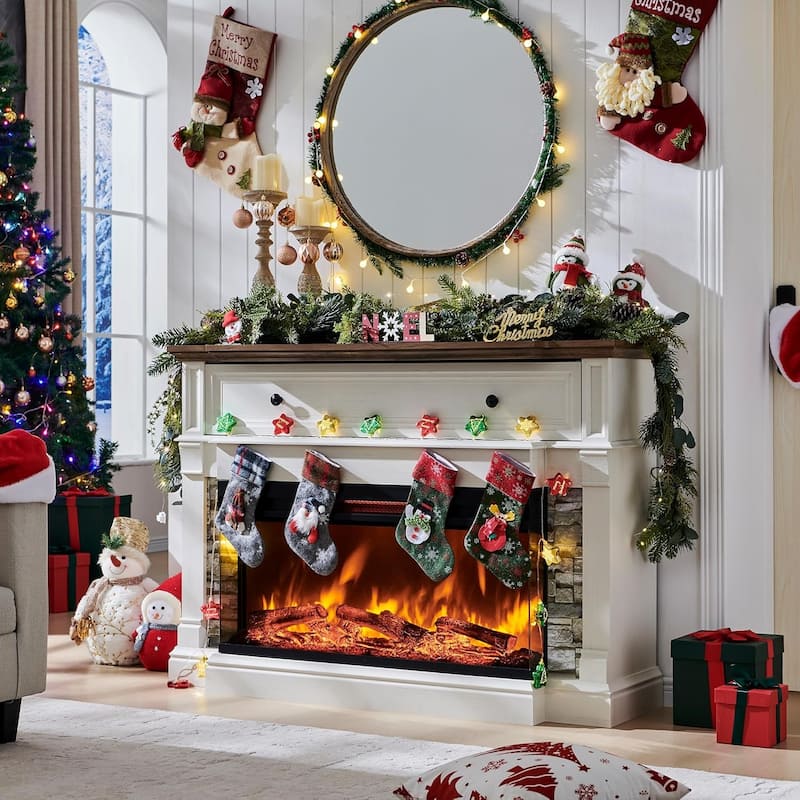 Farmhouse TV Stand With 3-Sided Glass Fireplace, Entertainment Center