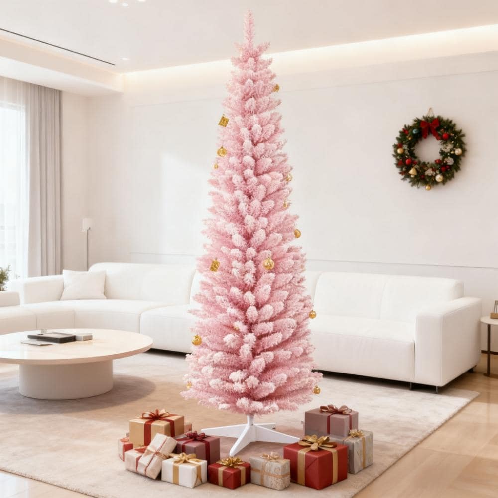 Snow Flocked Artificial Christmas Tree,Decorated Christmas Tree,with Pencil Shape, Realistic Branches - Pink