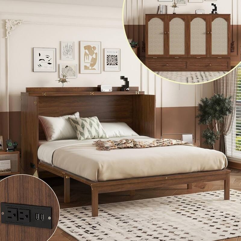 Murphy Bed Cabinet with Large Storage Drawer, Wood Hideaway Wall Bed Frame with USB Ports, Rattan Decoration Panel - Walnut