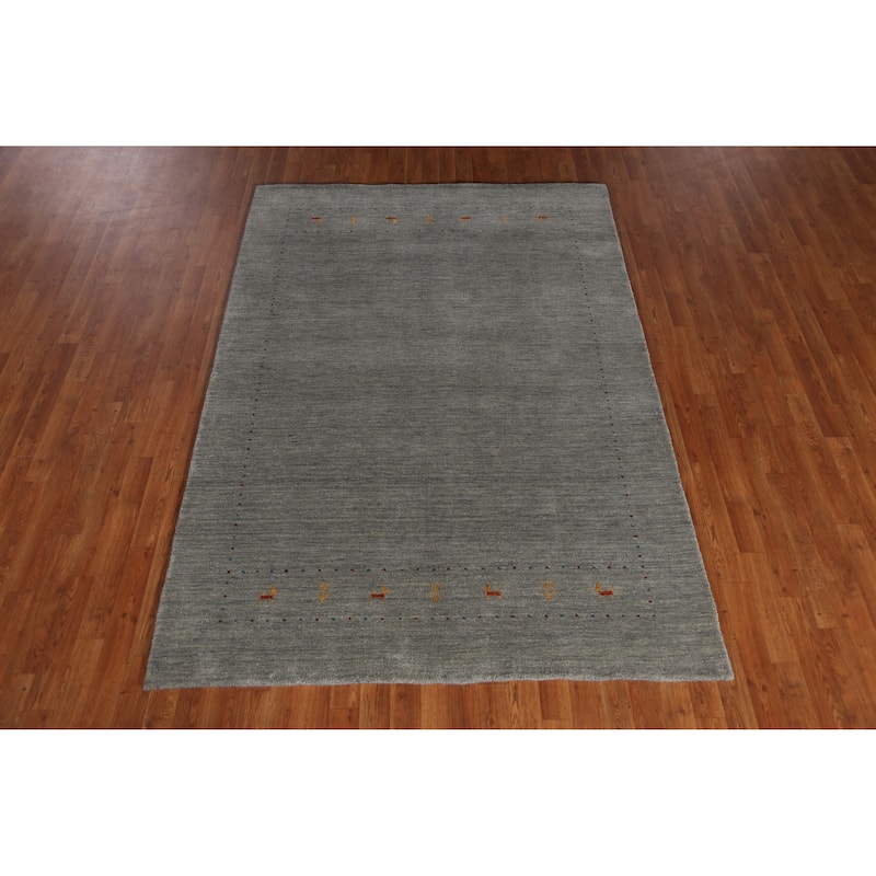 Tribal Modern Gabbeh Indian Rug Handmade Grey Wool Carpet - 5'5" x 7'8"