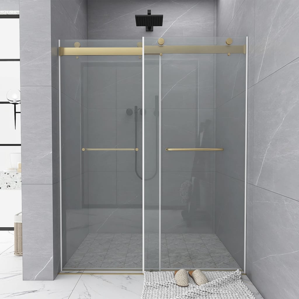 60 in. W x 76 in. H Double Sliding Frameless Shower Door in Stainless Steel Finish with Clear Tempered Glass