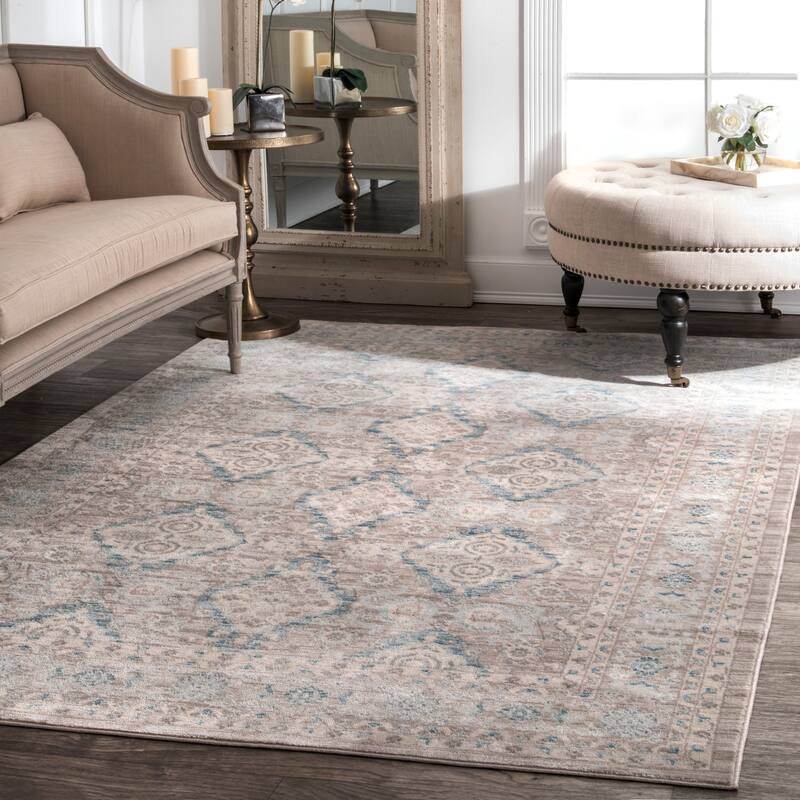 Nuloom Ivory/Blue/Taupe Traditional Ornamental Diamonds Area Rug - 4' x 6' - Taupe - Rectangle