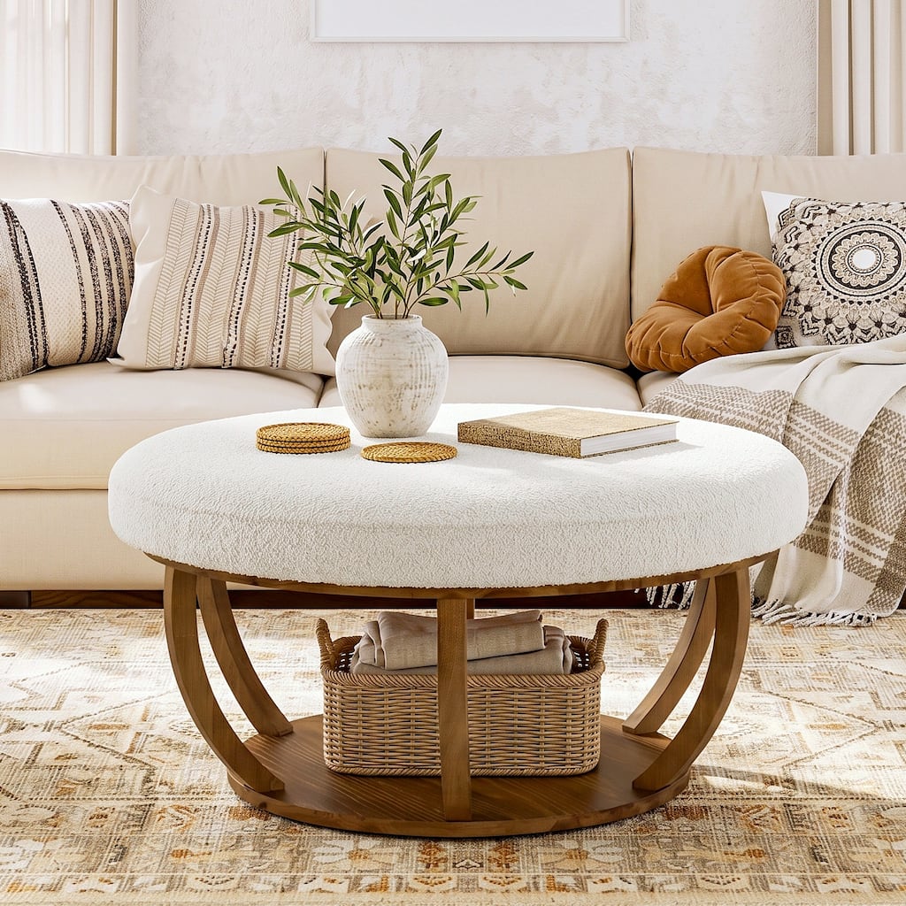 2-Tier Round Ottoman Coffee Table for Living Room, Solid Wood Center Table with Storage Shelves and Upholstered