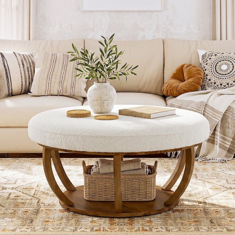 2-Tier Round Ottoman Coffee Table with Solid Wood Frame for Living Room - 31.5" L x 31.5" W x 18.1" H