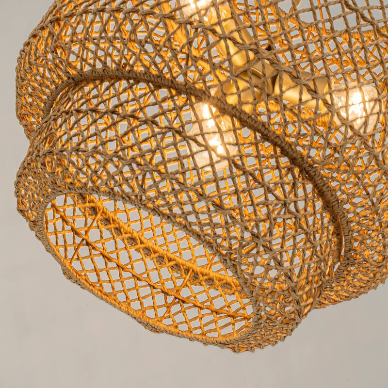 Clair 4-Light Rattan Hemp Tiered Pendant, Coastal Boho - Handwoven - 20" Wide