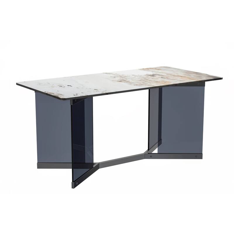 Oryn Rectangular Dining Table with Glass/Sintered Stone Top - 62" Wide - White Grey