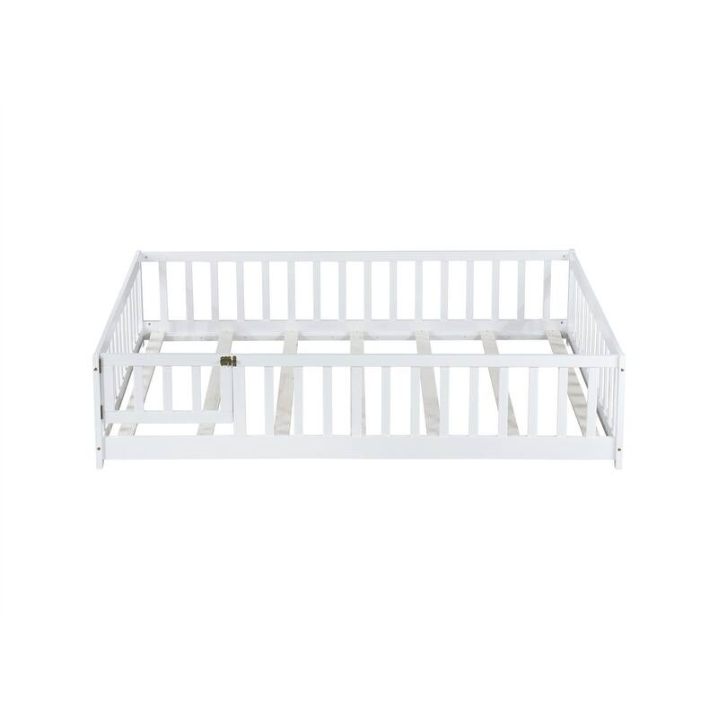 Twin/Full/Queen Size Floor Bed with Fence Guardrails and Door, Rubber Wood Toddler Bed Montessori Bed with Slats Support