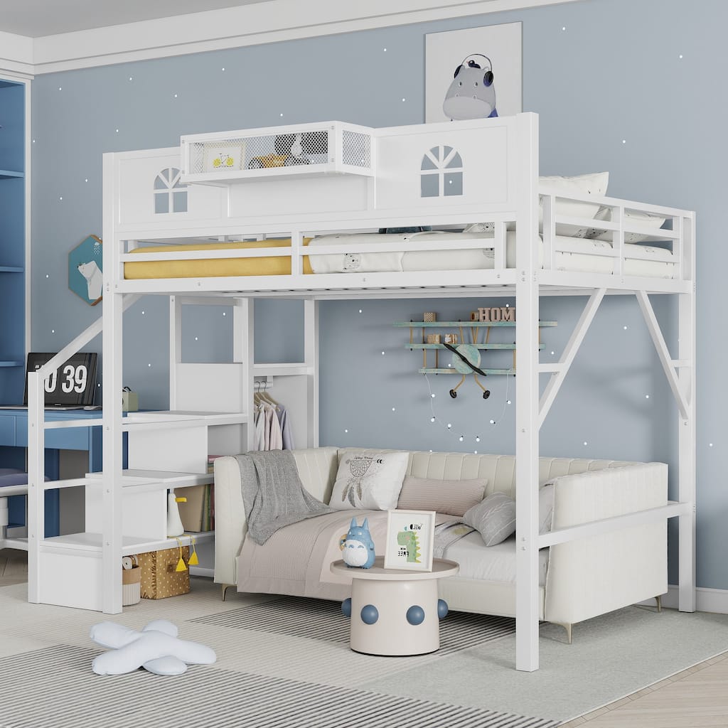 Full Size Loft Bed with Stairs, Metal Full Loft Bed with High and House Shaped Guardrails, High Loft Bed