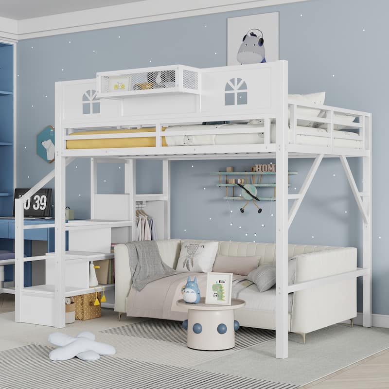 White High Loft Bed Frame with Storage Stairs and Wardrobe, Loft Metal Frame Bed with High House Shaped Guardrails for Kid Teens - White - Full
