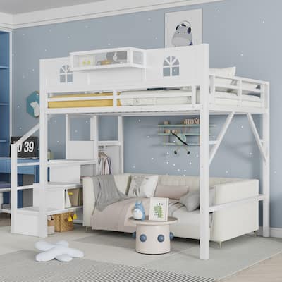 White High Loft Bed Frame with Storage Stairs and Wardrobe, Loft Metal Frame Bed with High House Shaped Guardrails for Kid Teens