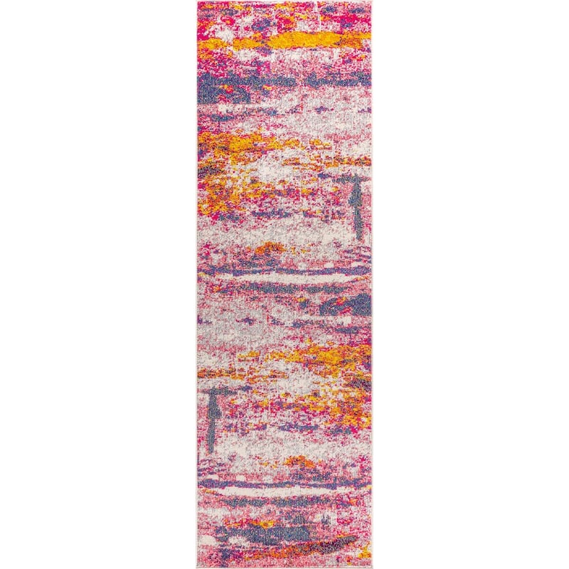 JONATHAN Y Groovy POP Modern Abstract Brushstroke Area Rug - 2 X 8 - Pink/Cream