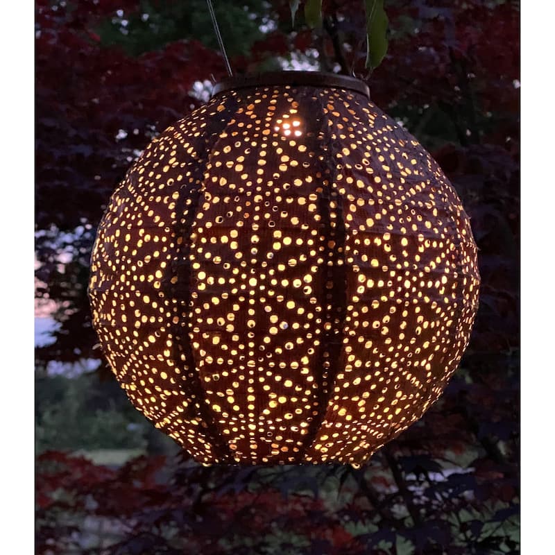 Pre-Lit Battery-Operated Round Sashiko Lantern - 13" - Copper Brown