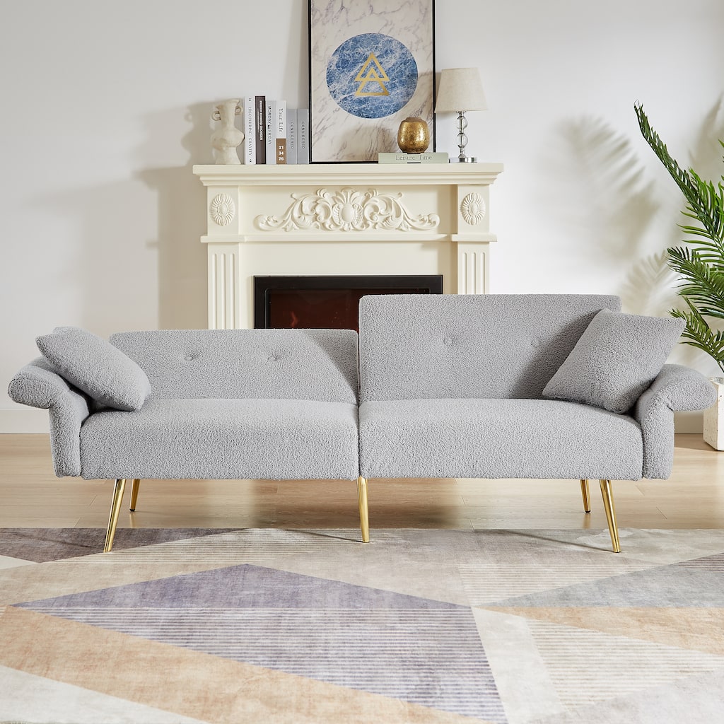 Grey Convertible Sofa Loveseat Sleeper Sofa Couch with Reclining Backrest, Sofa Bed Upholstered Sofa with Pillows