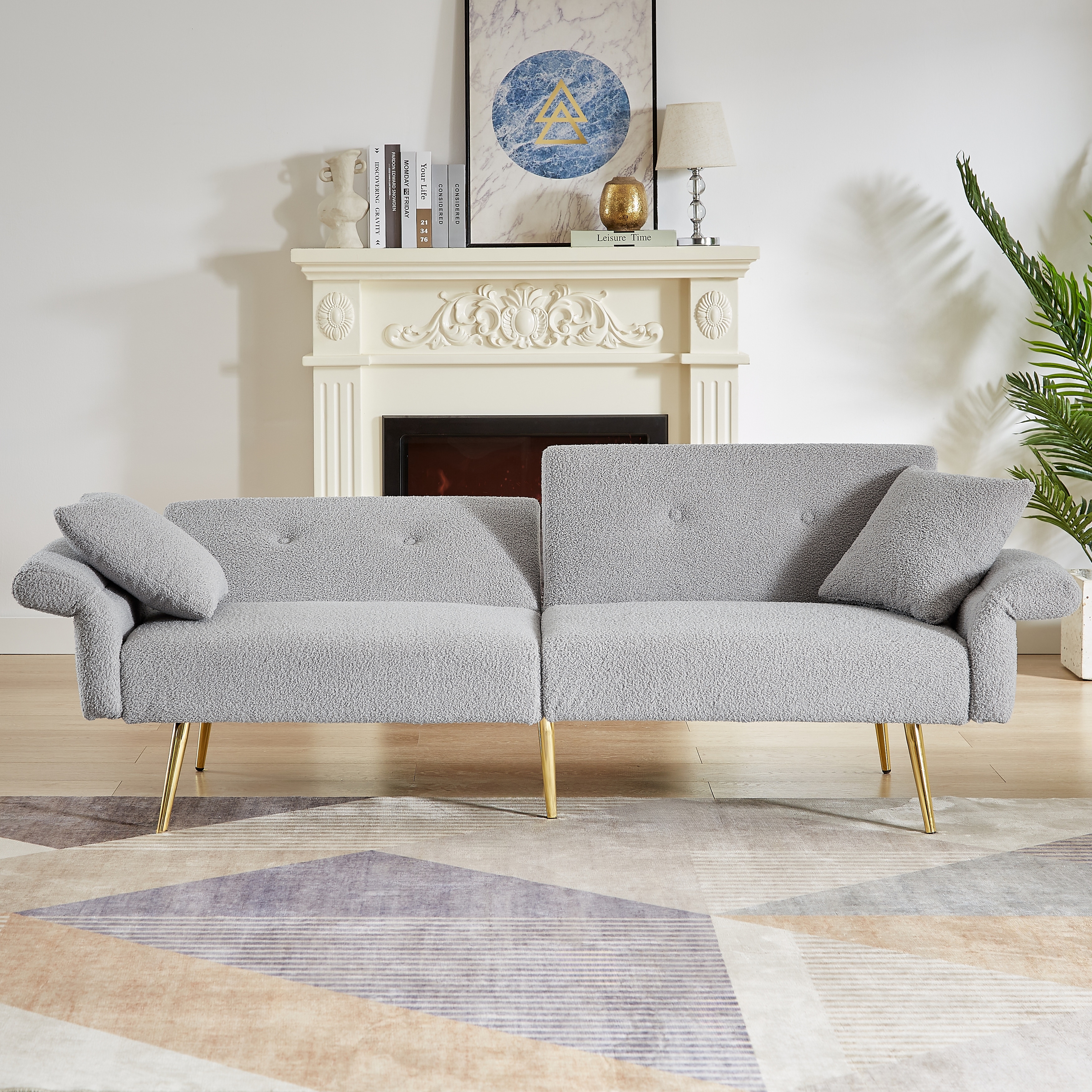 Grey Convertible Sofa Loveseat Sleeper Sofa Couch with Reclining Backrest, Sofa Bed Upholstered Sofa with Pillows
