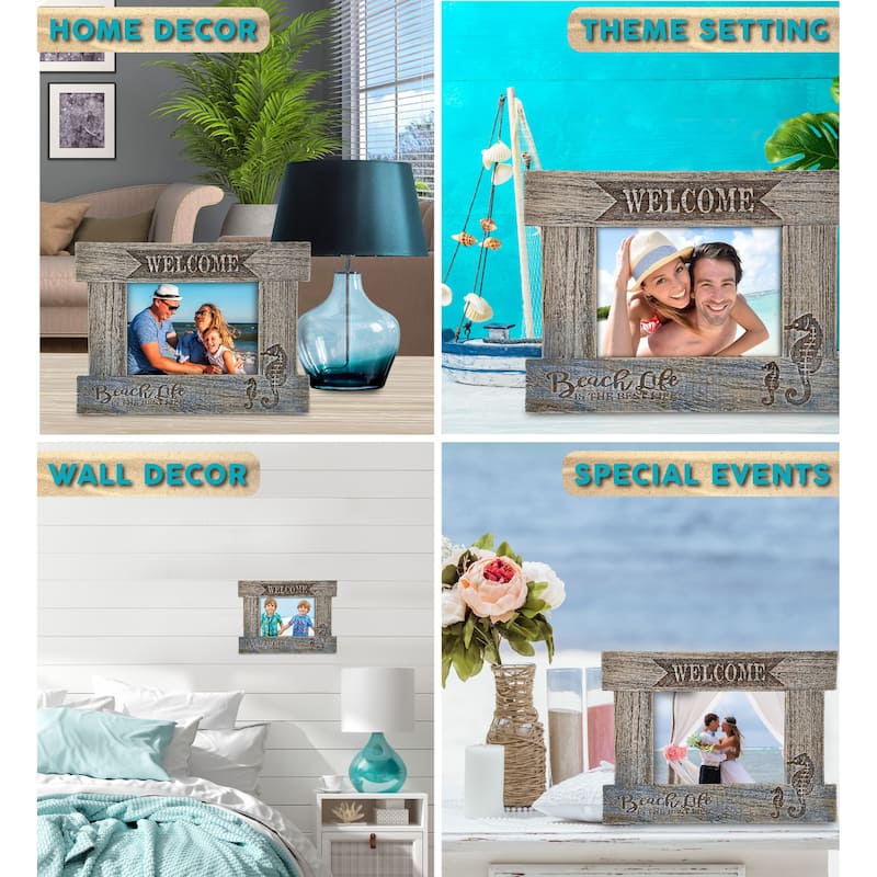 CoTa Global Driftwood Sea Horse White Distressed Wood 7X5 Photo Frame - 11.7 inches