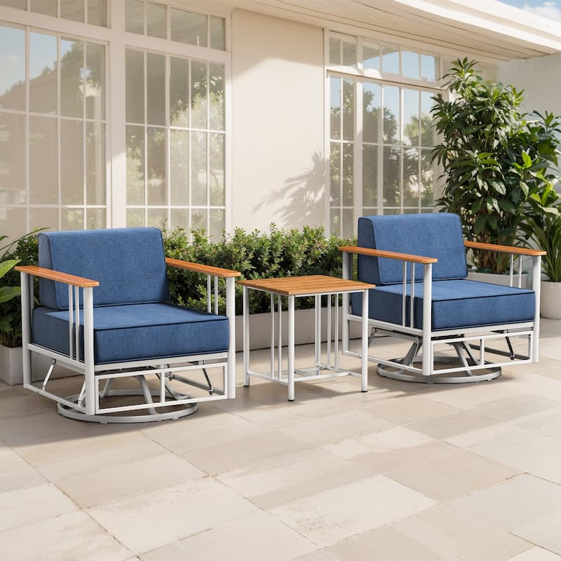 Puffin 3-Piece Metal Swivel Gliders Set with 6-Inch Thick Cushions and Side Table - White - Navy Blue