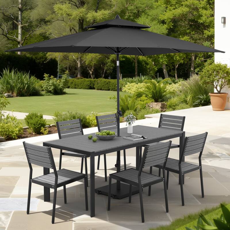 9/11-Piece Outdoor Dining Set Aluminum Table and Stackable Chairs w/10 ft Umbrella and Base - Set of 9 - Grey Table with Black Umbrella