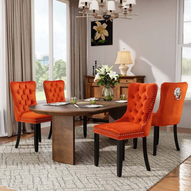 High-end Tufted Velvet Upholstered Nailhead Dining Chair Set of 6 - Set of 4 - Orange