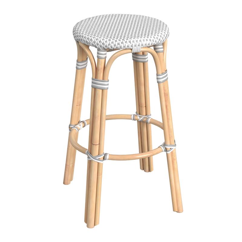 Tobias Rattan Round Bar Stool - White/Gray Dot / Natural Rattan Frame