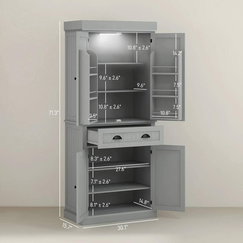 71" Kitchen Pantry Cabinet with LED Lights, 6 Door Shelves, a Drawer