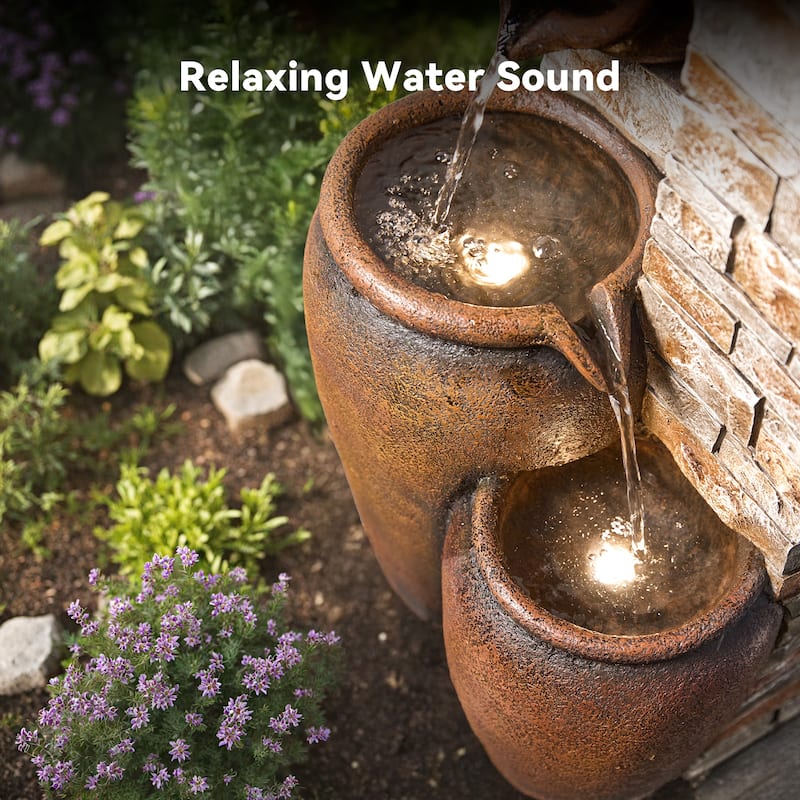 Glazed Terracotta Pots Polyresin Cascade Water Fountain Weather Resistant