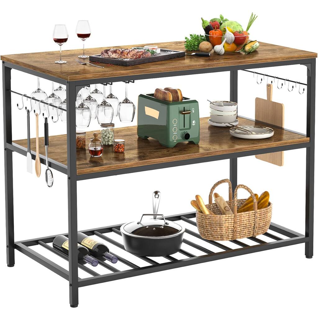 Kitchen Island with Wine Glass Holder, Industrial Wood and Metal Coffee Bar Rack, 3 Tier Spacious Prep Table Extended Counter