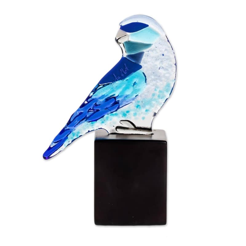 Handmade Blue-Grey Tanager Art Glass Sculpture (El Salvador) - 5.5" H x 3.1" W x 2" D