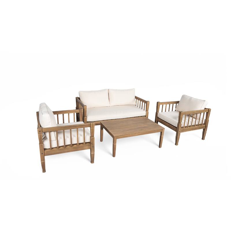 Roomfitters 4-Piece Acacia Wood Patio Furniture Set, Seating Conversation Set with 4-Inch Thick Cushions and Coffee Table