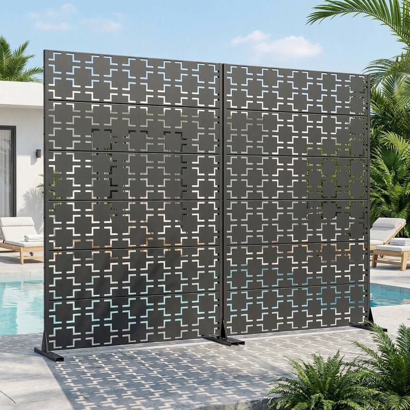 Outdoor Freestanding Metal Privacy Screen Decorative Garden Fence Set of 2