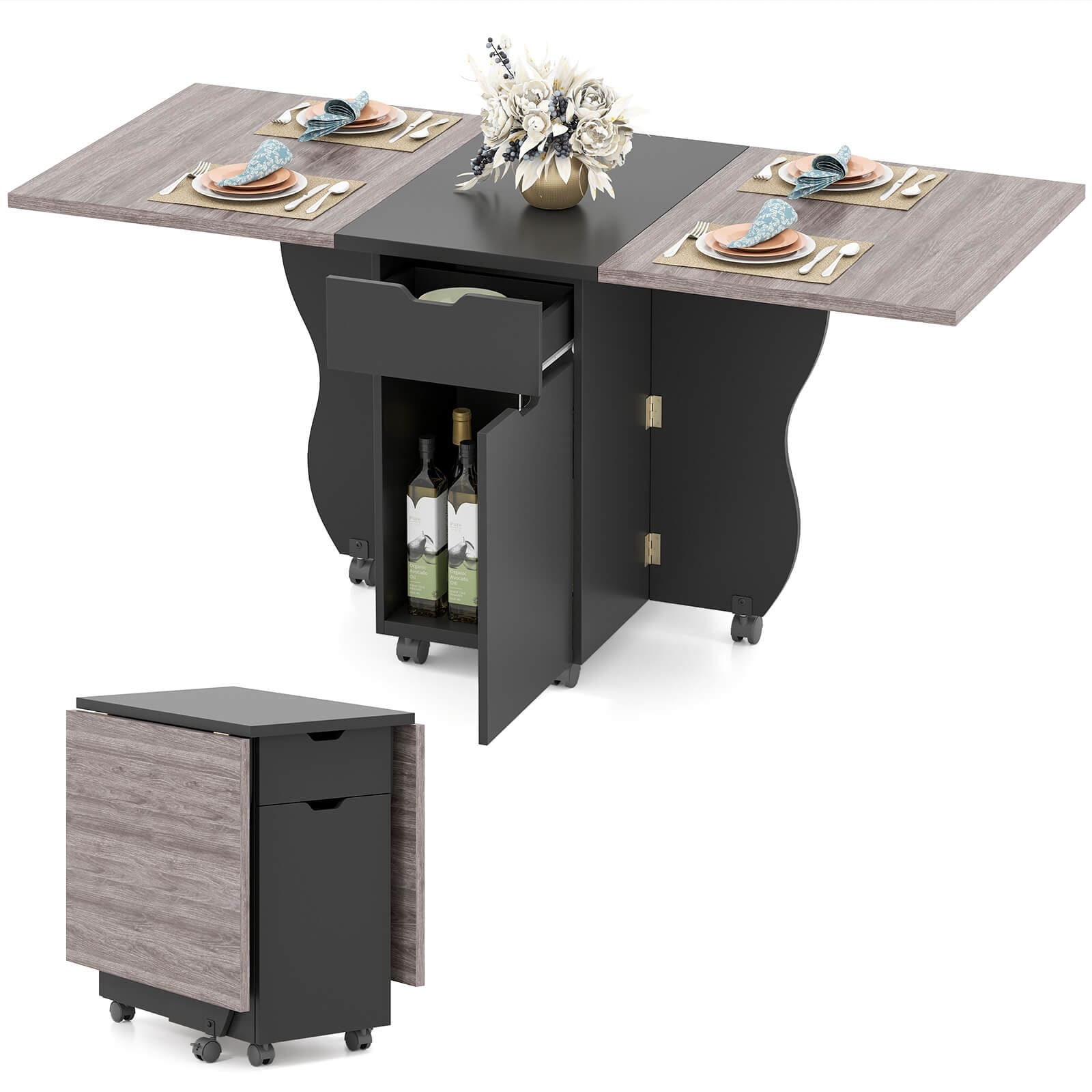 Costway Folding Dining Table with Lockable Wheels, 2 Drawers & 2 - See Details