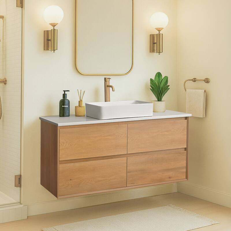 48" Floating Bathroom Vanity Quartz Counter Top with Ceramic Vessel Sink