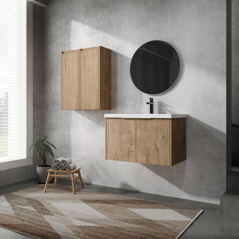 24" Floating Bathroom Vanity with Resin Sink, Side Cabinets, Soft-Close Doors, and Luxury Metal Handles