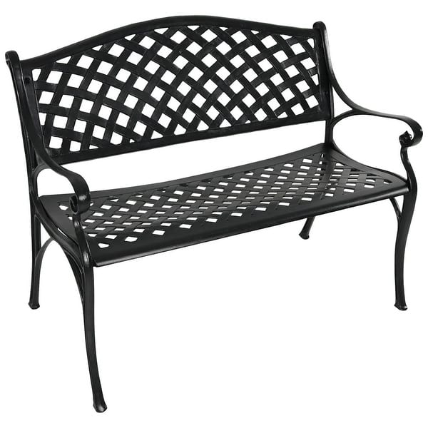 slide 2 of 8, Sunnydaze 2-Person Black Checkered Cast Aluminum Outdoor Patio Garden Bench