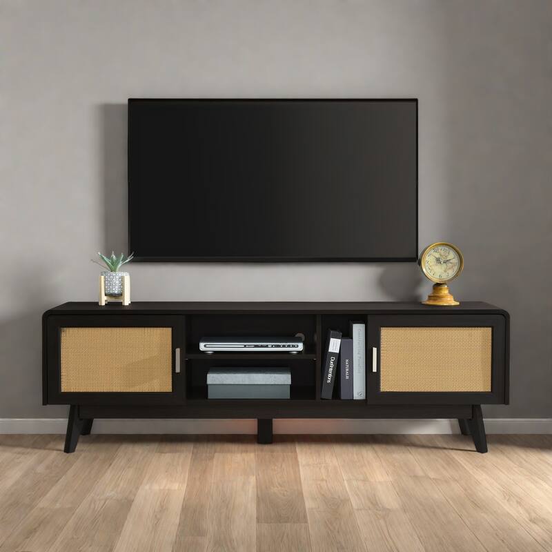 63" Bohemian Rattan TV Stand with 2 Cabinets + 3 Open Shelves, Waterproof - Dark Brown