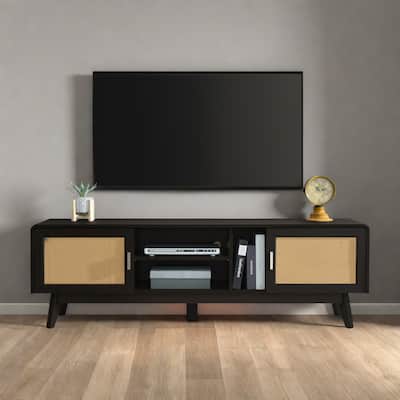 63" Bohemian Rattan TV Stand with 2 Cabinets + 3 Open Shelves, Waterproof