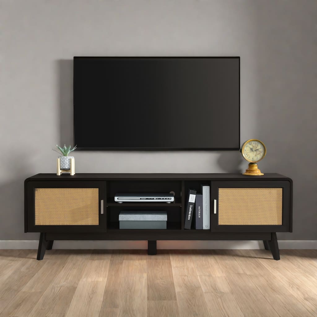 63" Bohemian Rattan TV Stand with 2 Cabinets + 3 Open Shelves, Waterproof