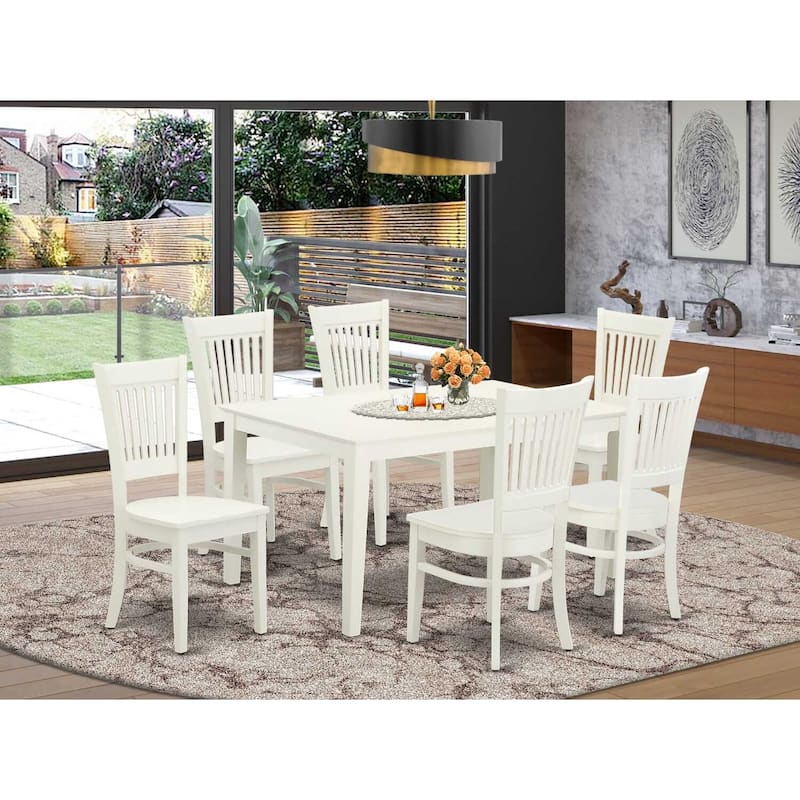 HomeStock 7-Pc Rectangle Linen White Finish Solid Wood Top Dining Table with 6 Chairs with Slat Back