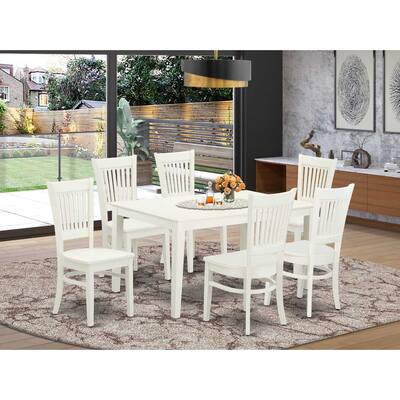 HomeStock 7-Pc Rectangle Linen White Finish Solid Wood Top Dining Table with 6 Chairs with Slat Back