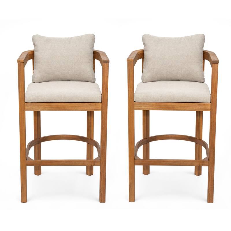 Roomfitters Abaco Outdoor Acacia Wood Barstools with Cushions, Teak Finish and Beige Set of 2