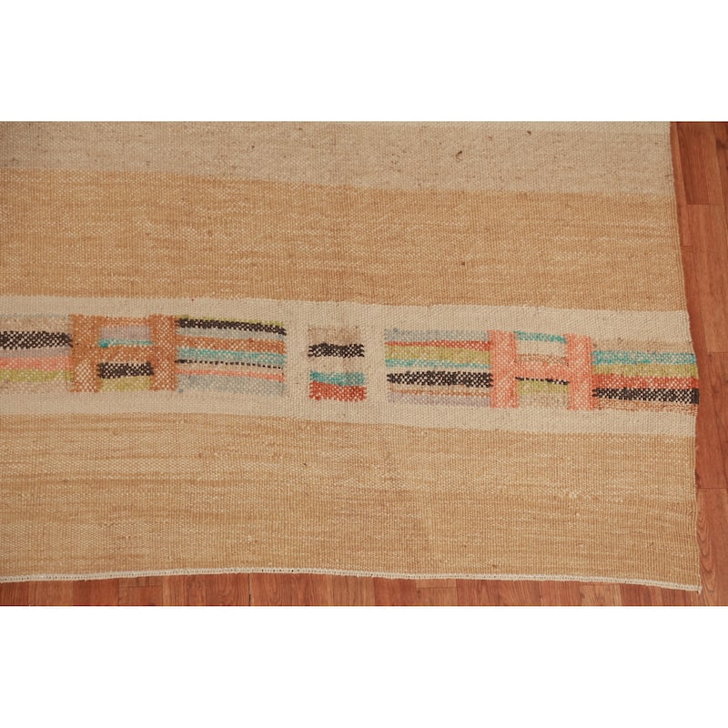 Hand Woven Oriental 100% Jute Carpet Modern Stripe Beige & Ivories Kilim Area Rug - 13' 11'' X 10' 3''