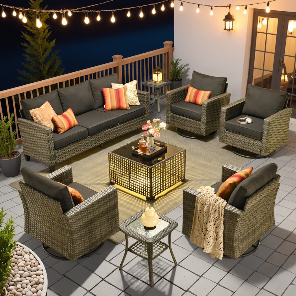 OVIOS 8 Pieces Outdoor Swivel Chair Set with Solar-Powered Table