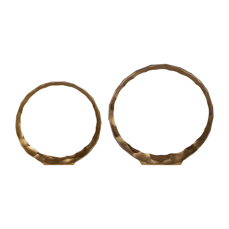 Set of 2 Hammered Metal Decorative Ring Sculptures - Contemporary Abstract Gold Aluminum Ring Statues for Home or Office