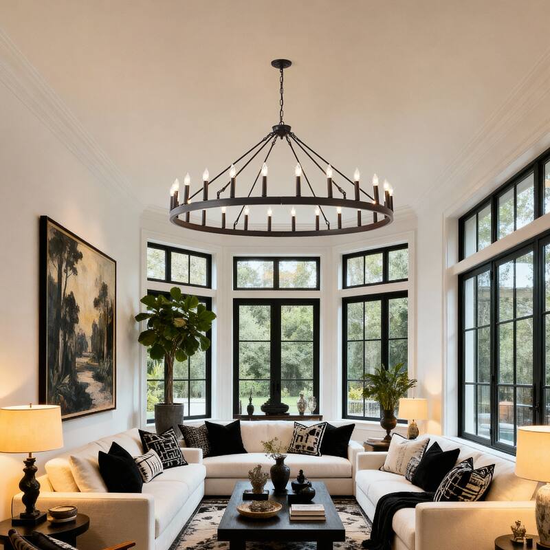 53.15 Inch Matte Black Wagon Wheel Chandelier with 24 light(No Bulbs)-E12